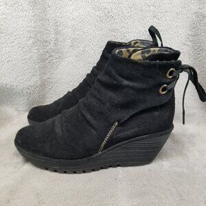 Fly London Shoes Womens Size EU 38 US 7.5 Yama Black Suede Ankle Boots *Read*